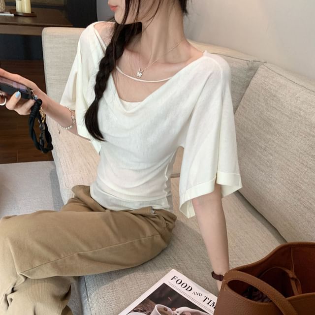 Off-Shoulder Sheer Slim Tee with Three-Quarter Sleeves