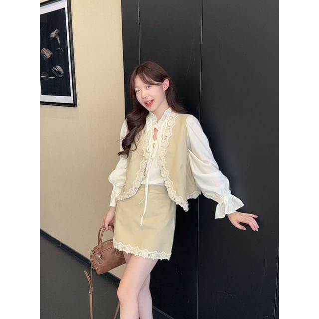 Ruffle Blouse and Lace Vest with Mini A-Line Skirt Set - Altfashion Shop