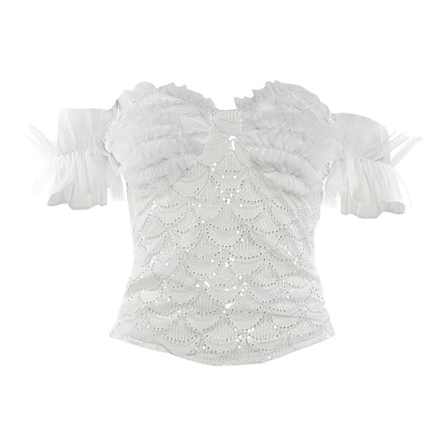 Off-Shoulder Sequin Lace Top and Ruffle Mesh Skirt Set - Altfashion Shop