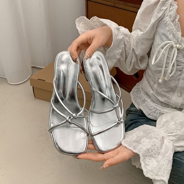 Low Heel Strappy Knot Faux Leather Slide Sandals