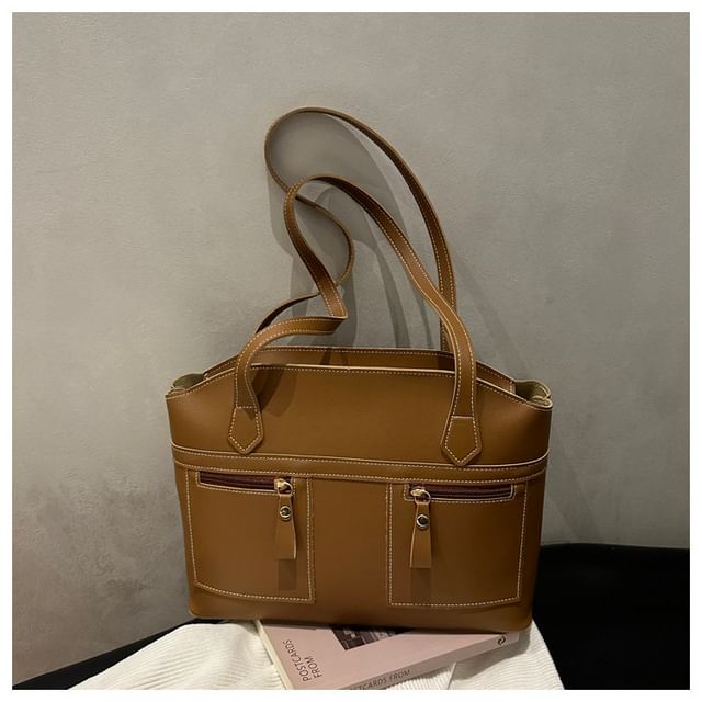 Faux Leather Contrast Stitched Shoulder Bag