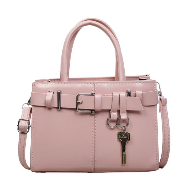 Faux Leather Buckled Top Handle Crossbody Bag