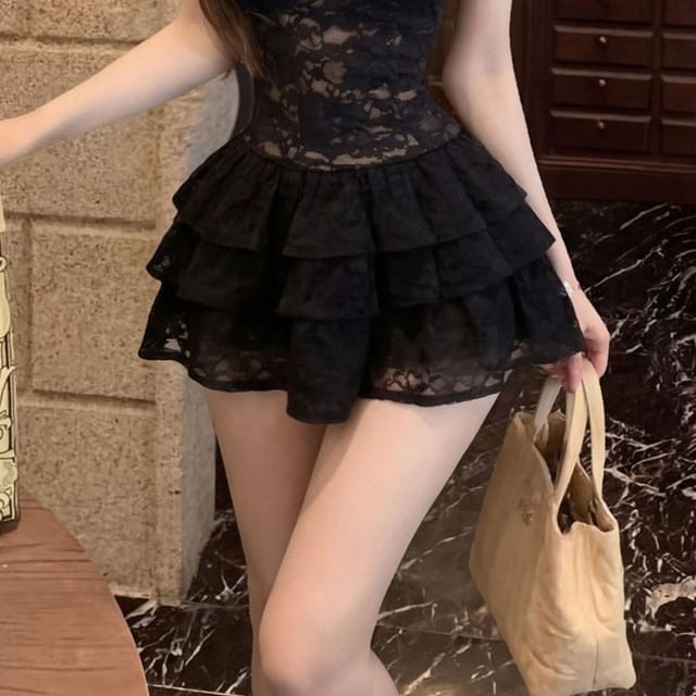 Lace Halter Crop Top with Mini Tiered Skirt and Cardigan Set
