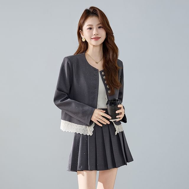 Lace Trim Glitter Button-Up Blazer and Pleated Mini A-Line Skirt Set