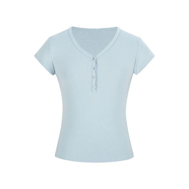 Half-Buttoned V-Neck Top with Short Sleeves