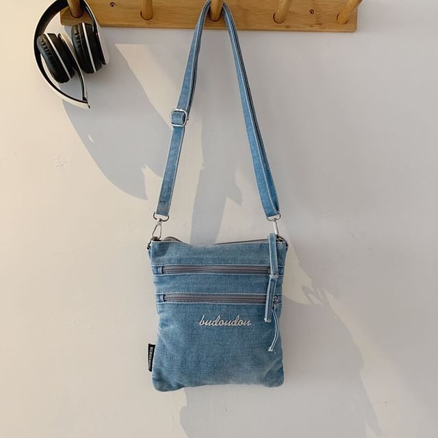Washed Denim Zip Crossbody Bag