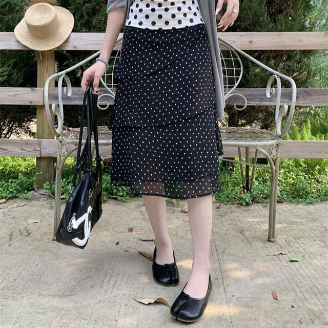 Mid Waist Dotted Midi Tiered Skirt