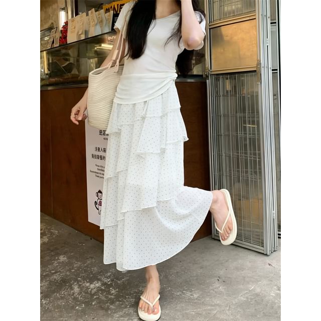 High Waist Dotted Asymmetric Midi Tiered Skirt