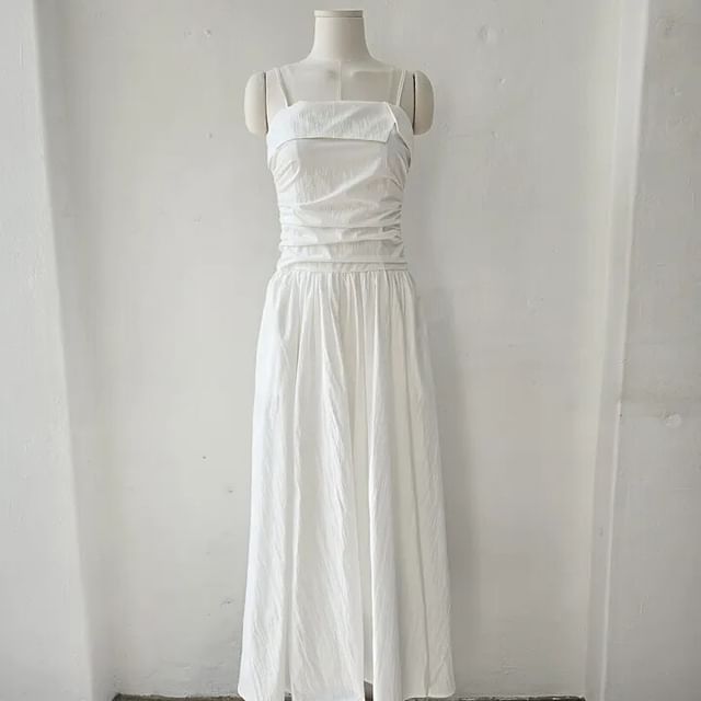 Spaghetti Strap Plain Ruched Maxi A-Line Dress