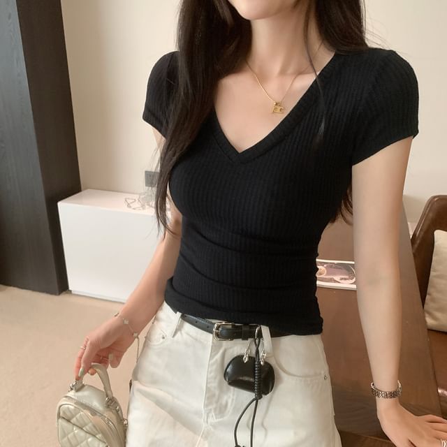 Sheer V-Neck Fitted Crop Tee