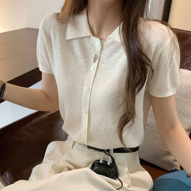 Collared Button Knit Tee with Short Sleeves
