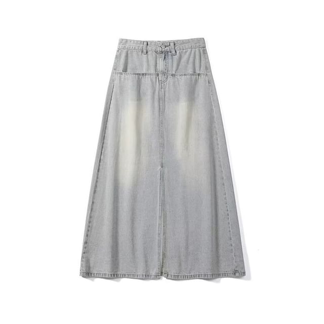 Mid Rise Washed Slit Maxi A-Line Denim Skirt