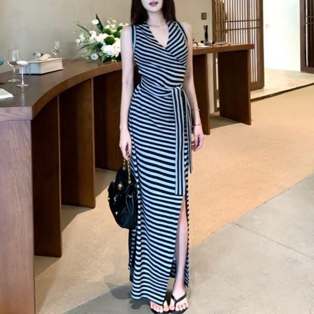 Sleeveless V-Neck Striped Slit Maxi A-Line Dress