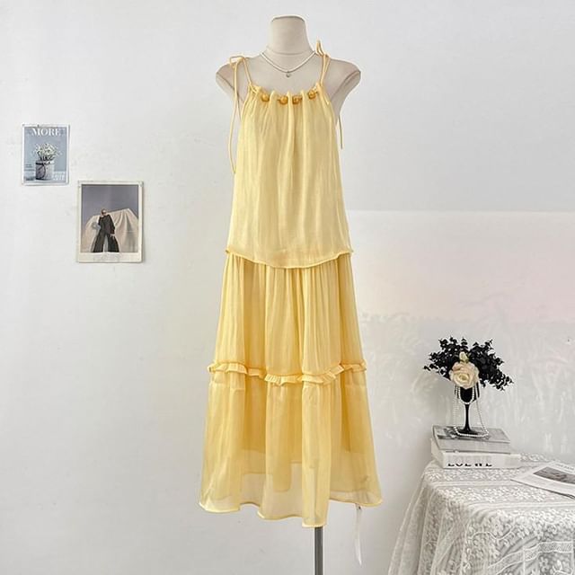 Spaghetti Strap Plain Ruffle Maxi Sundress