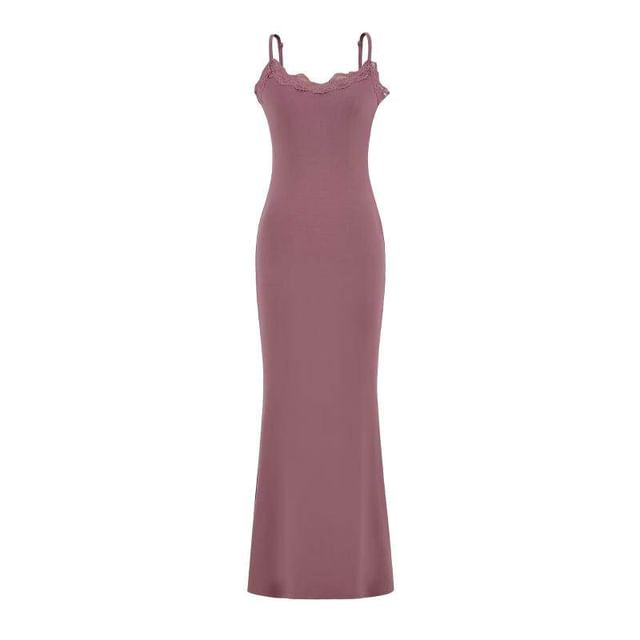 Spaghetti Strap Scoop Neck Plain Lace Trim Maxi Mermaid Dress