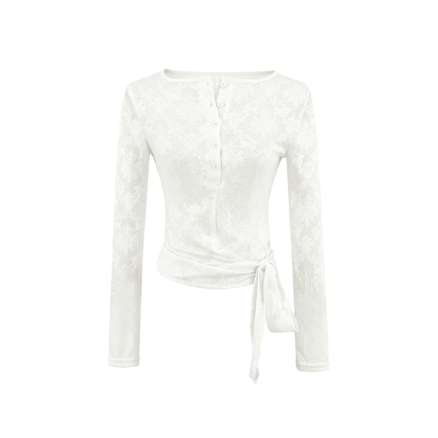Long-Sleeve Henley Neck Plain Lace Top