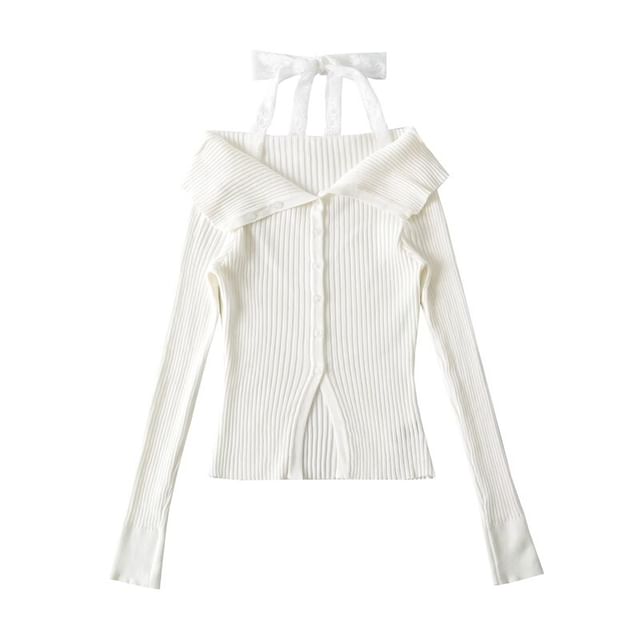 Long-Sleeve Cold Shoulder Lace Trim Button Up Knit Top