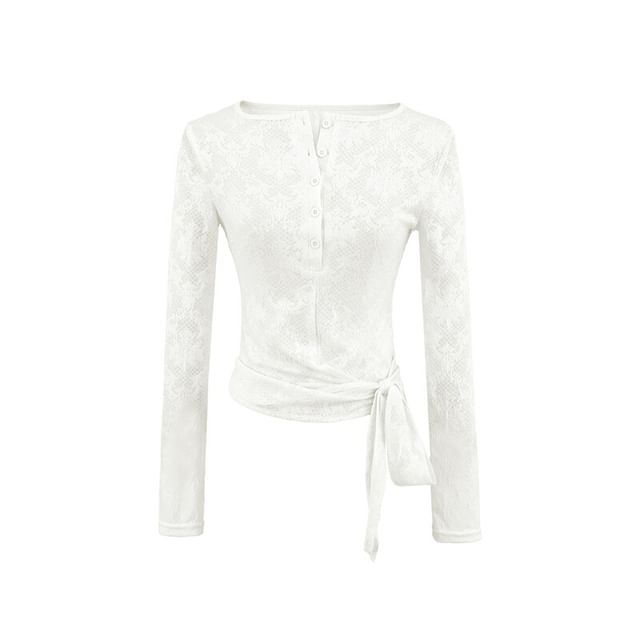 Long-Sleeve Boat Neck Lace Tie Waist Top