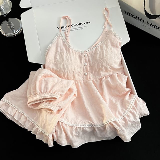 Pajama Set: V-Neck Lace Trim Padded Camisole Top + Shorts