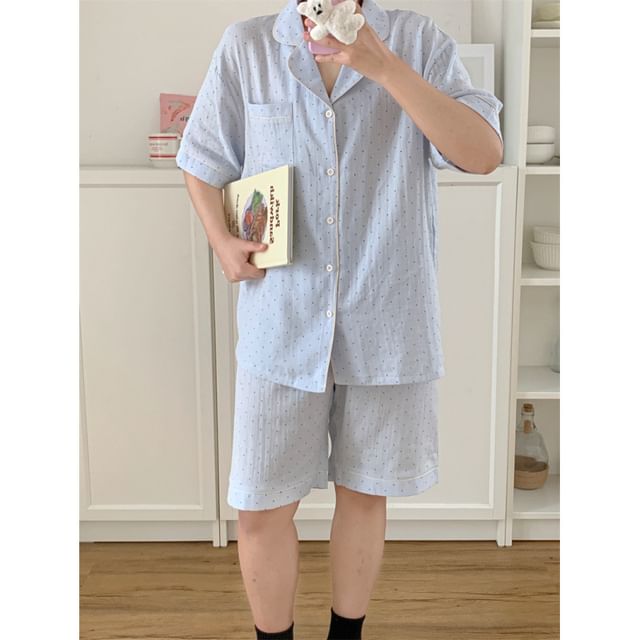 Couple Matching Elbow-Sleeve Lapel Collar Micro Dot Button-Up Pajama Top / V-Neck Lace Trim Camisole Top / Shorts / Pants / Set (Various Designs)