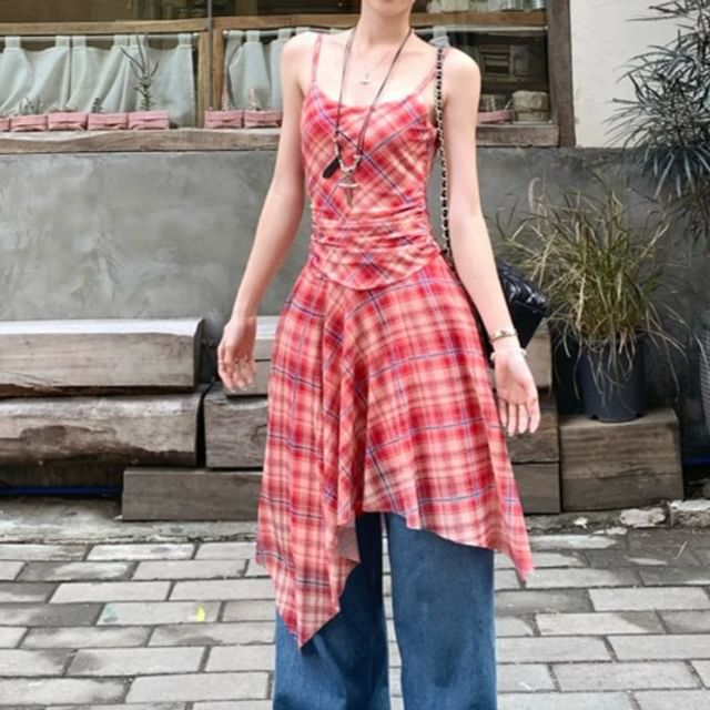 Spaghetti Strap V-Neck Plaid Panel Asymmetrical Midi A-Line Dress – MK  Kawaii Store