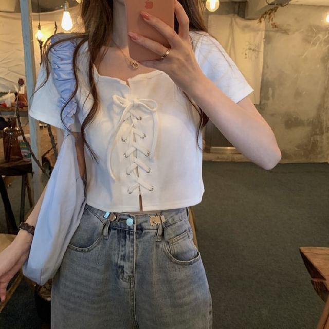 Short Sleeve Square Neck Plain Ribbed Lace Up Top