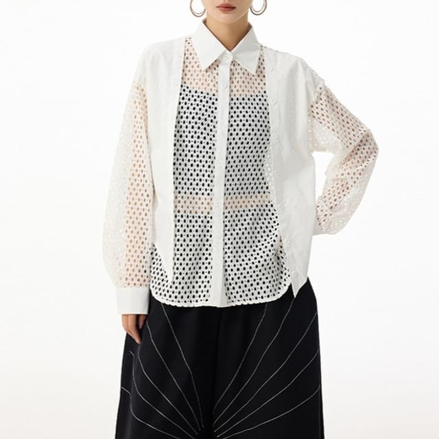 Long Sleeve Collared Plain Panel Mesh Shirt