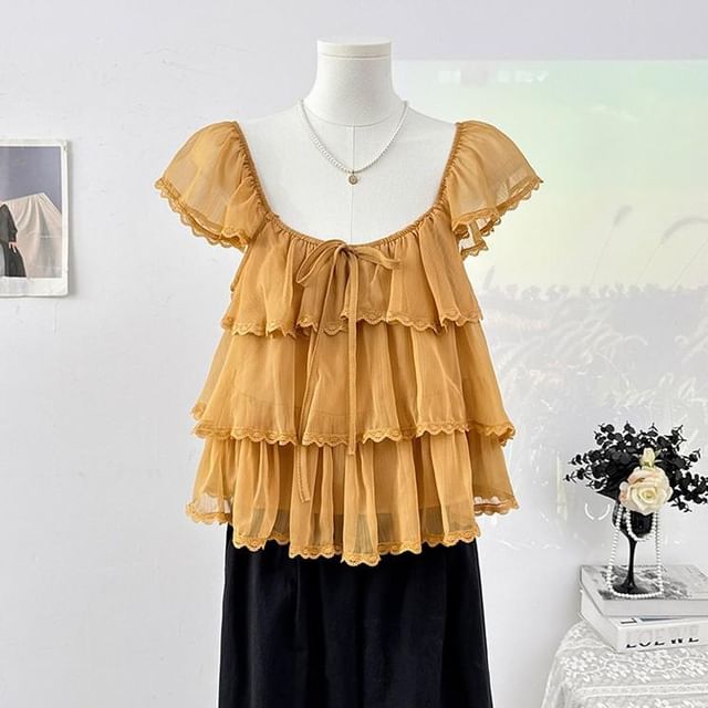 Cap-Sleeve Square Neck Plain Lace Trim Tiered Ruffle Blouse