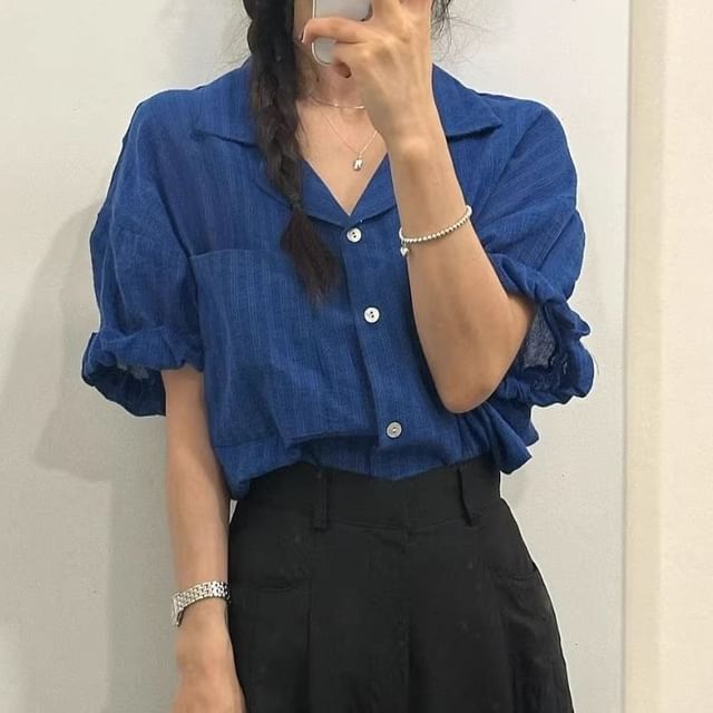 Elbow-Sleeve Lapel Collar Striped Button Blouse