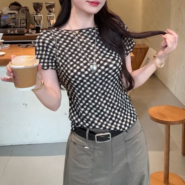 Plaid Crew-Neck Short-Sleeve Top