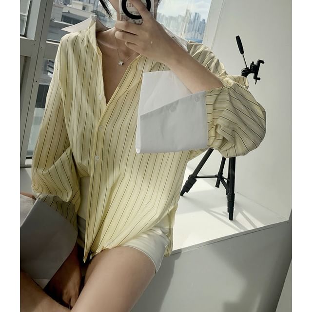 Striped Panel Long-Sleeve Collared Shirt