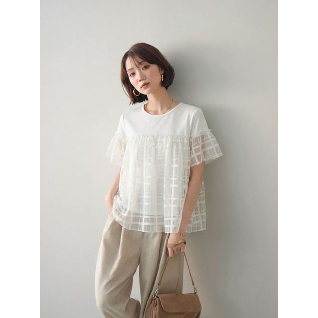 Sheer Panel Plaid Round-Neck Tee
