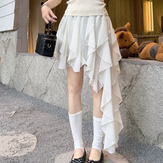Elastic Waist Plain Asymmetrical Ruffle Mini A-Line Skirt