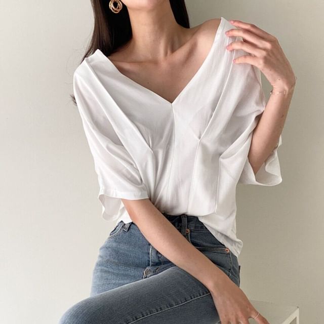 Pleated V-Neck Blouse with Short Sleeves
