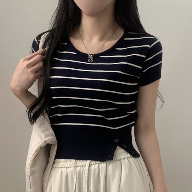 Striped Cropped Knit Top with Scoop Neck