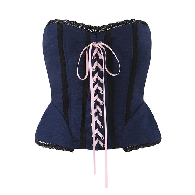 Lace-Up Corset Tube Top with Lace Trim