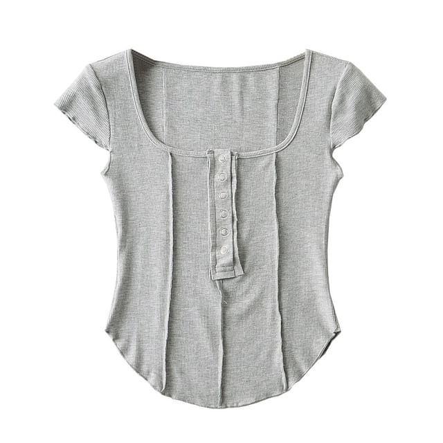 Ribbed Half-Buttoned Crop Scoop Neck Short Tee