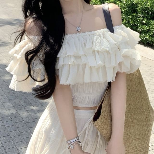 Off-Shoulder Tiered Ruffle Crop Top and High Waist Maxi Skirt Set