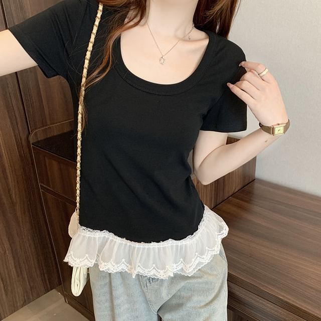 Lace Panel Scoop Neck Slim Fit Short Tee