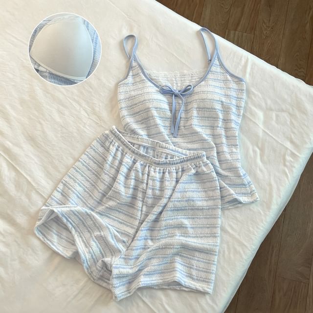 Pajama Set: Scoop Neck Striped Lace Panel Padded Camisole Top + Shorts