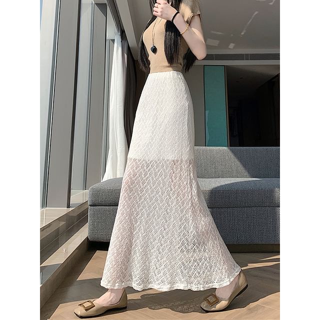 High Waist Plain Slit Lace Maxi Mermaid Skirt