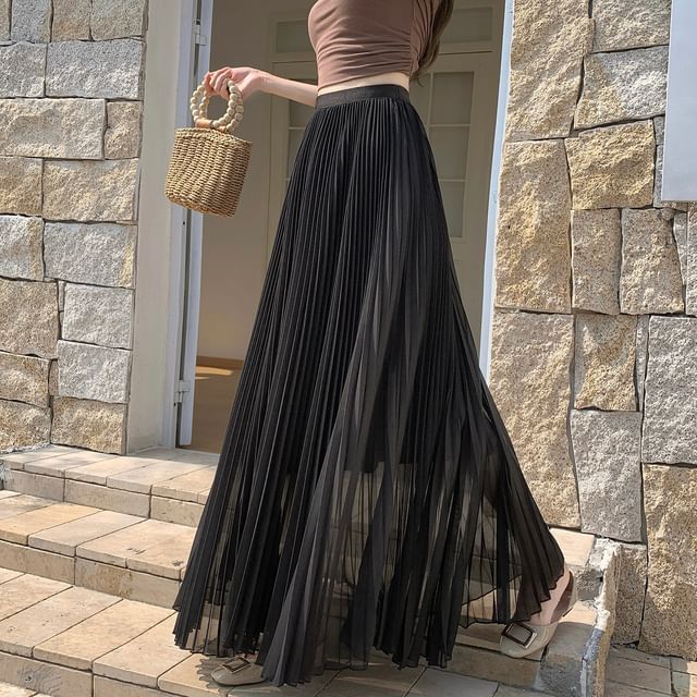 High Waist Plain Accordion Pleated Maxi A-Line Skirt
