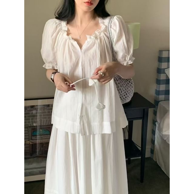 Short-Sleeve Frill Trim Button-Up Plain Blouse