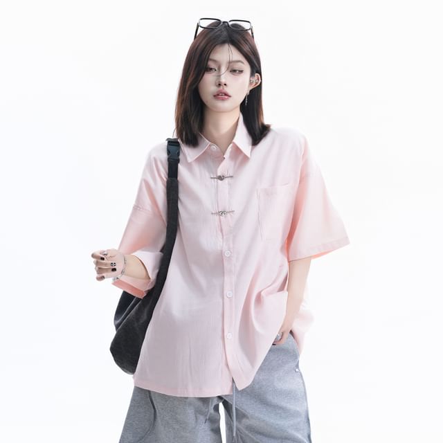 Elbow-Sleeve Collared Button-Up Shirt