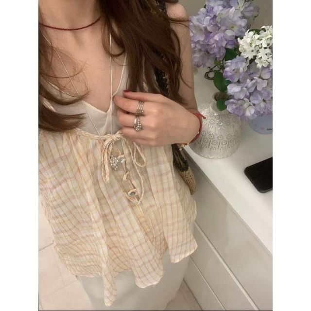 Sleeveless V-Neck Plain Mesh Top / Floral Flowy Camisole Top / Plaid Camisole Top / Set