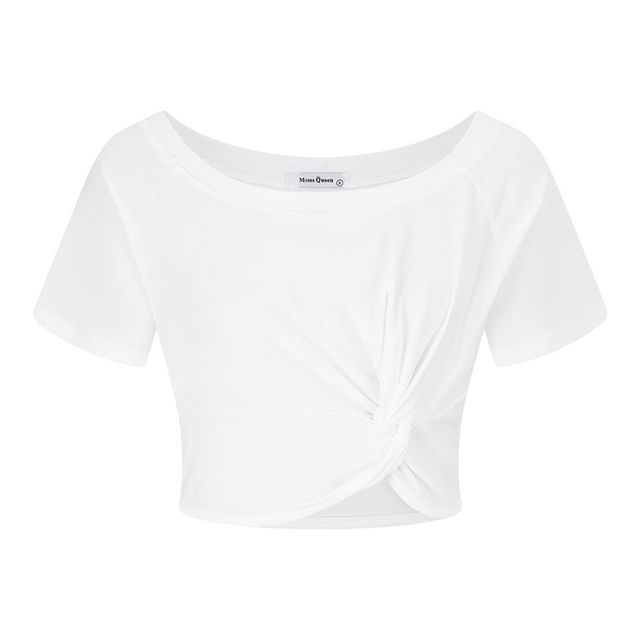 Short-Sleeve One-Shoulder Plain Knot Cropped T-Shirt