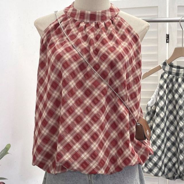 Halter Plaid Bubble Hem Top