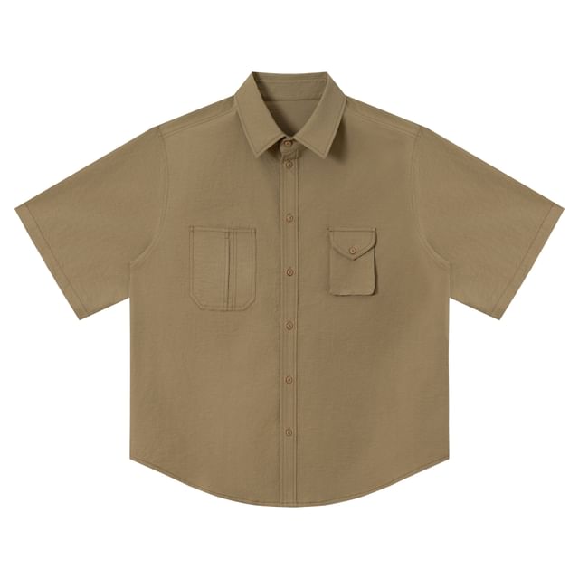 Short-Sleeve Collared Plain Button Up Oversized Shirt
