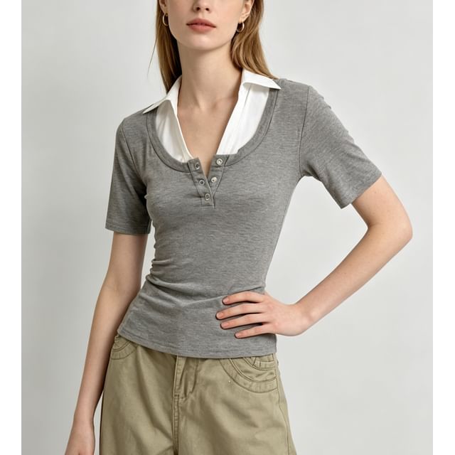 Mock Two Piece Collared Color-Block Short Sleeve Top