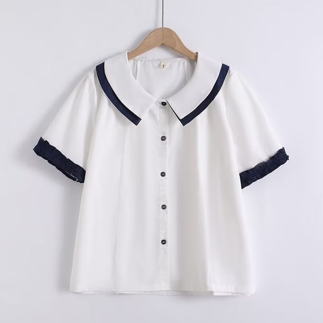 Ruffled Contrast Trim Short-Sleeve Button-Up Blouse